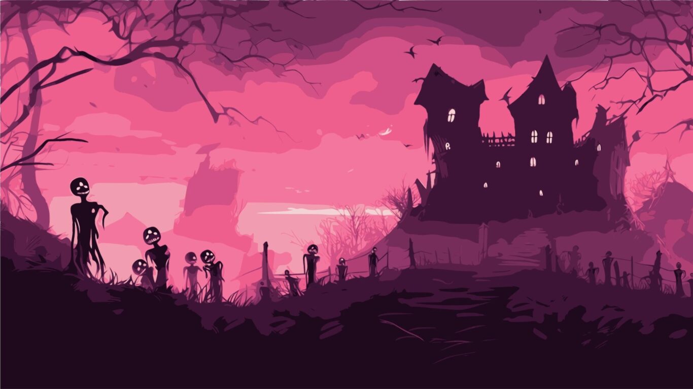 Silhouettes of jack-o’-lantern figures stand on a hill in front of a haunted house at dusk, with barren trees and a pink sky in the background.