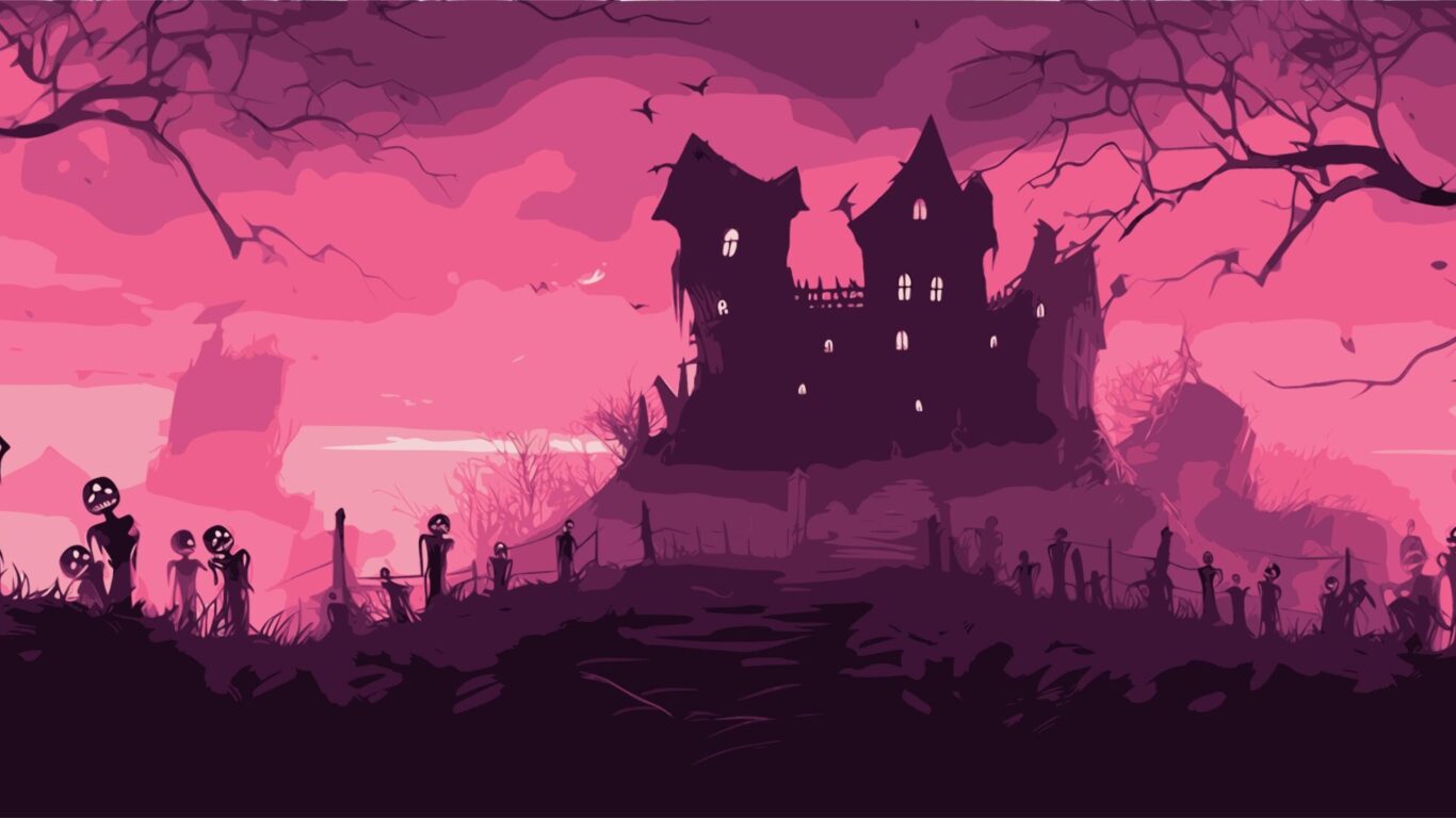 Silhouettes of jack-o’-lantern figures stand on a hill in front of a haunted house at dusk, with barren trees and a pink sky in the background.