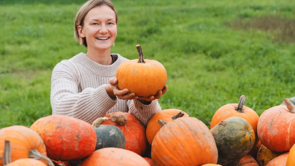 A person in a light sweater holds a pumpkin while standing behind a large pile of pumpkins in an outdoor setting.