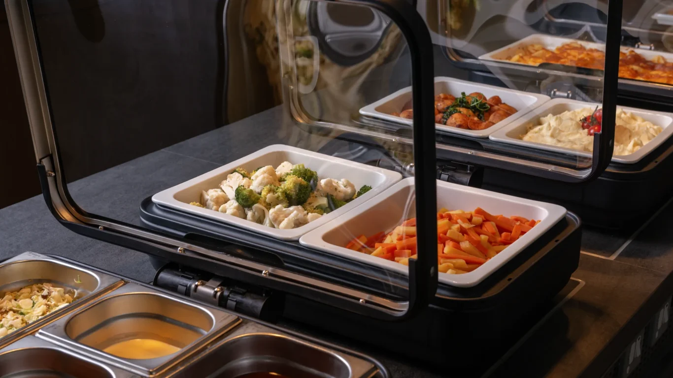 Hotel buffet with fresh vegetables, mashed potatoes, and sauces, offering guests a delightful dining experience.
