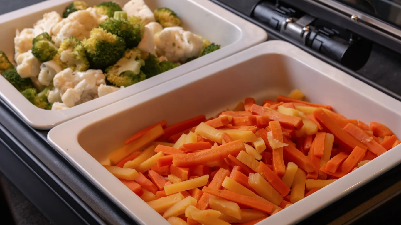Hotel buffet with fresh broccoli, cauliflower, and colourful carrot sticks in heated trays, inviting healthy dining options.