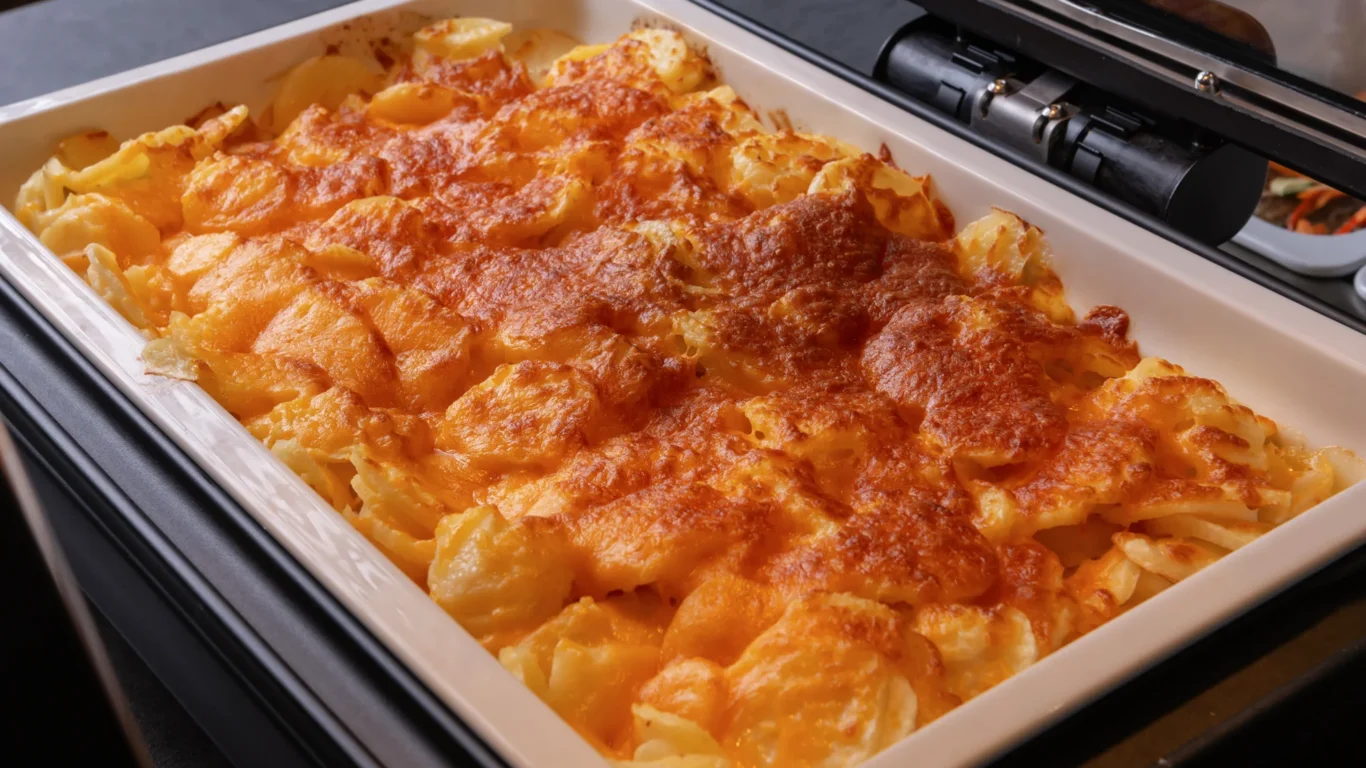 Delicious golden potato gratin in hotel buffet creates a warm, inviting dining experience. Perfect for breakfast or brunch.