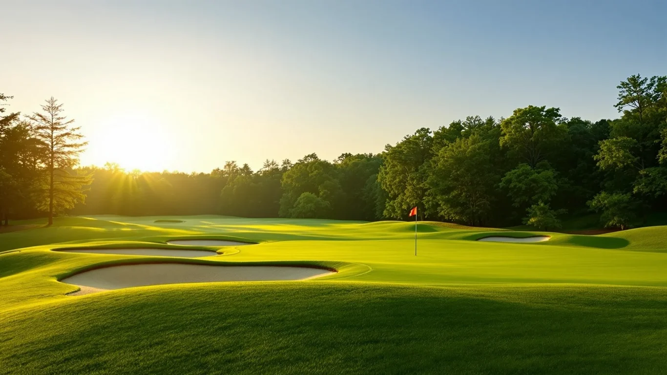 Scenic golf course at sunrise with lush greens and sand bunkers, offering a tranquil retreat for guests.